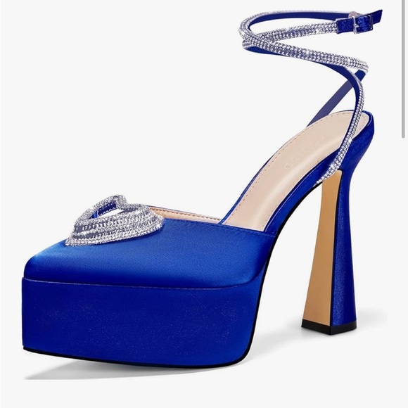 Coutgo Platform High Chunky Heel 8.5 Rhinestone Triple Heart Pointed Ankle Strap - Picture 3 of 7